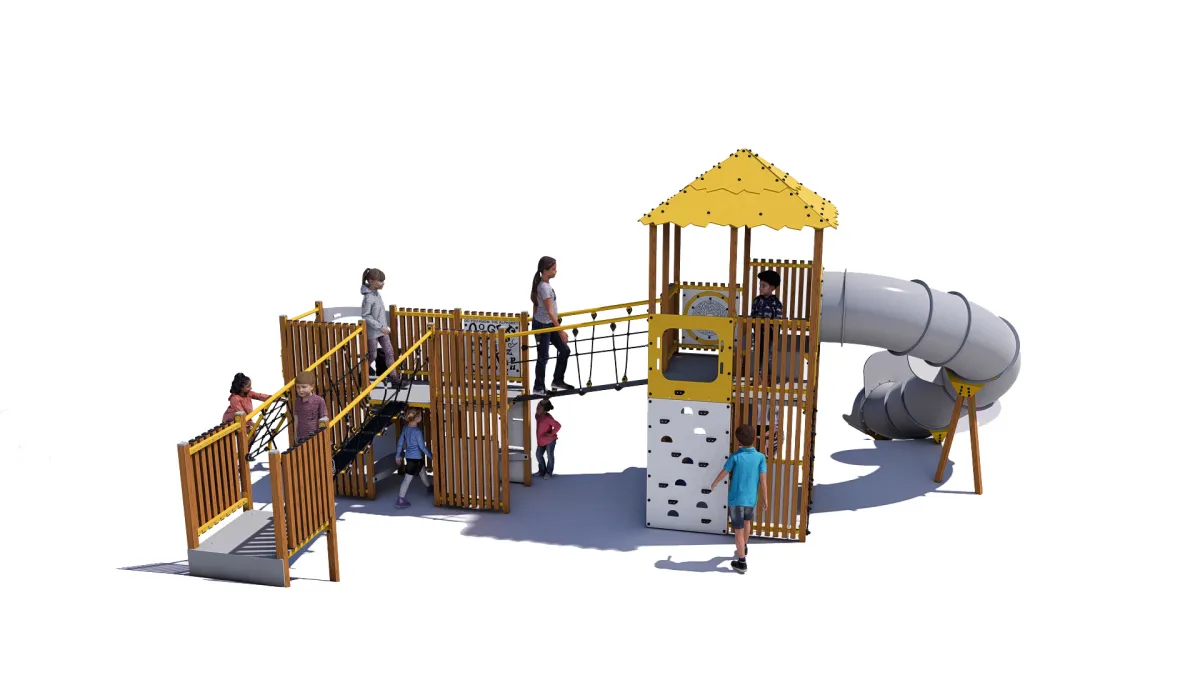 A playground with rope walkways and climbing walls to higher levels and a longer slide coming down from the top level. The highest section has a yellow roof..