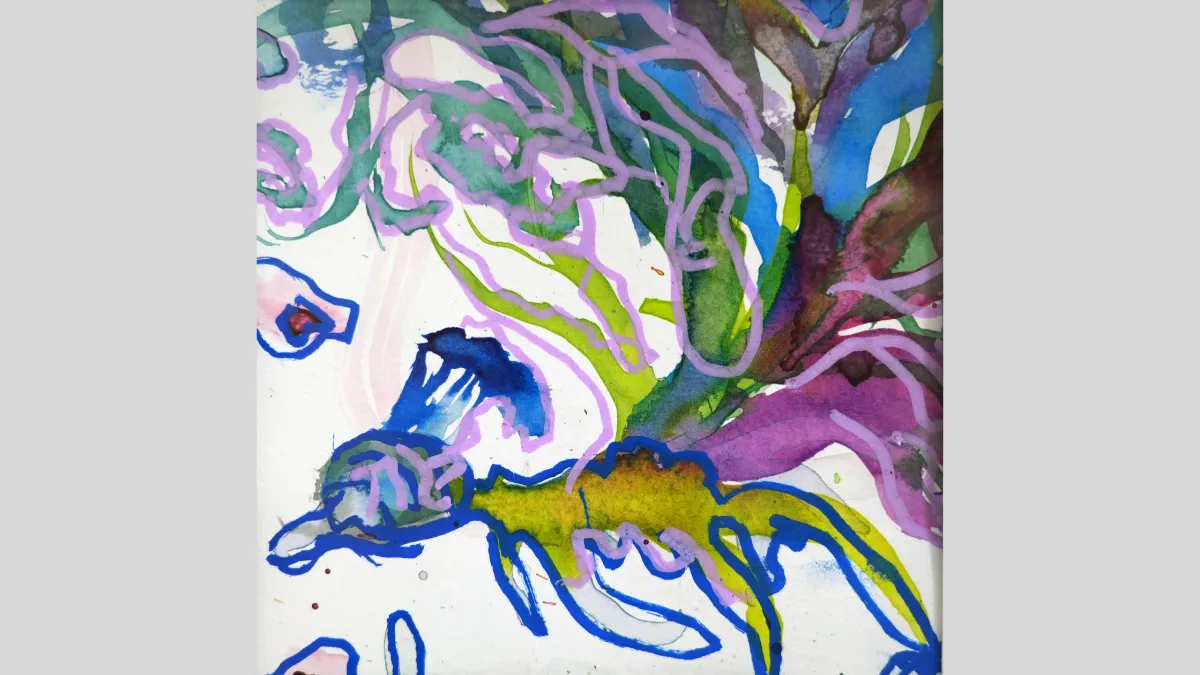 Abstract artwork featuring green, blue and purple paint