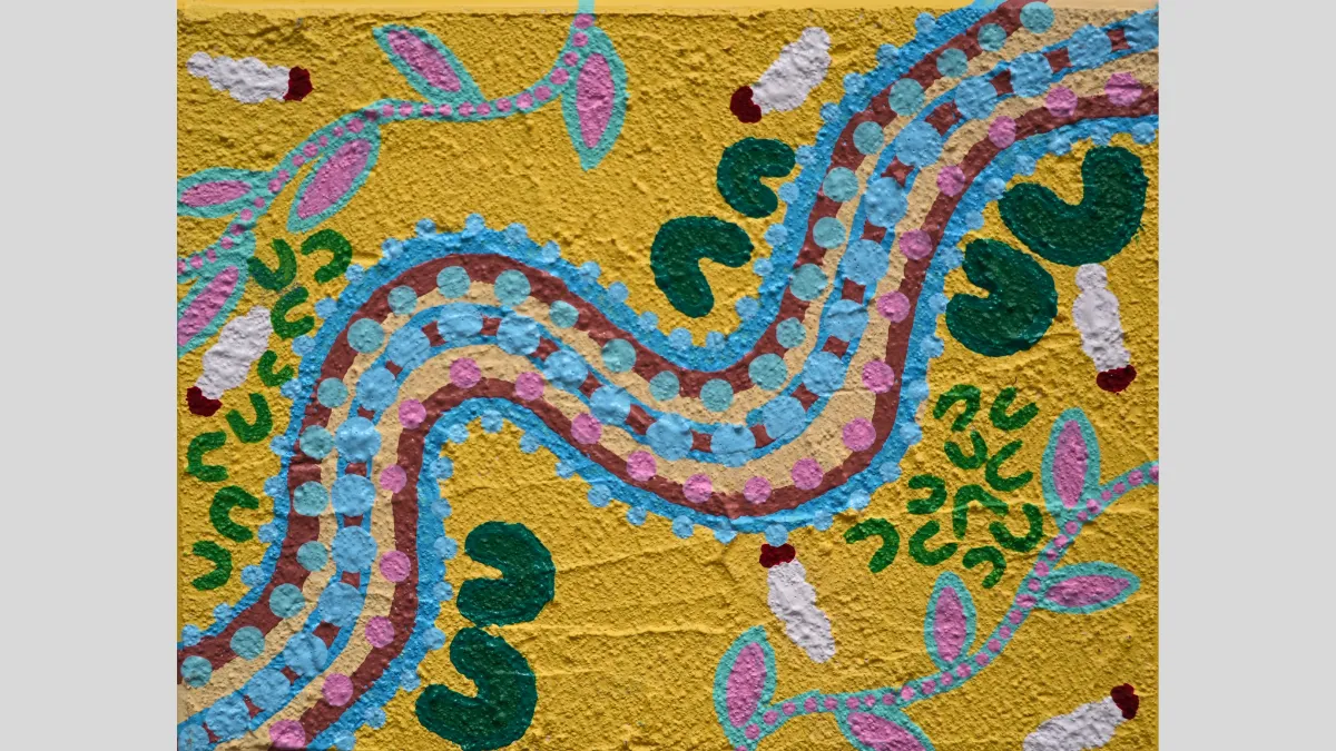 Indigenous artwork featuring a river on a yellow background