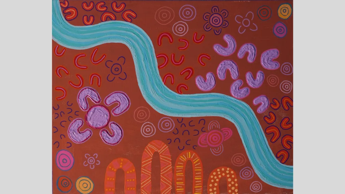 Indigenous artwork featuring a river on a rust coloured background