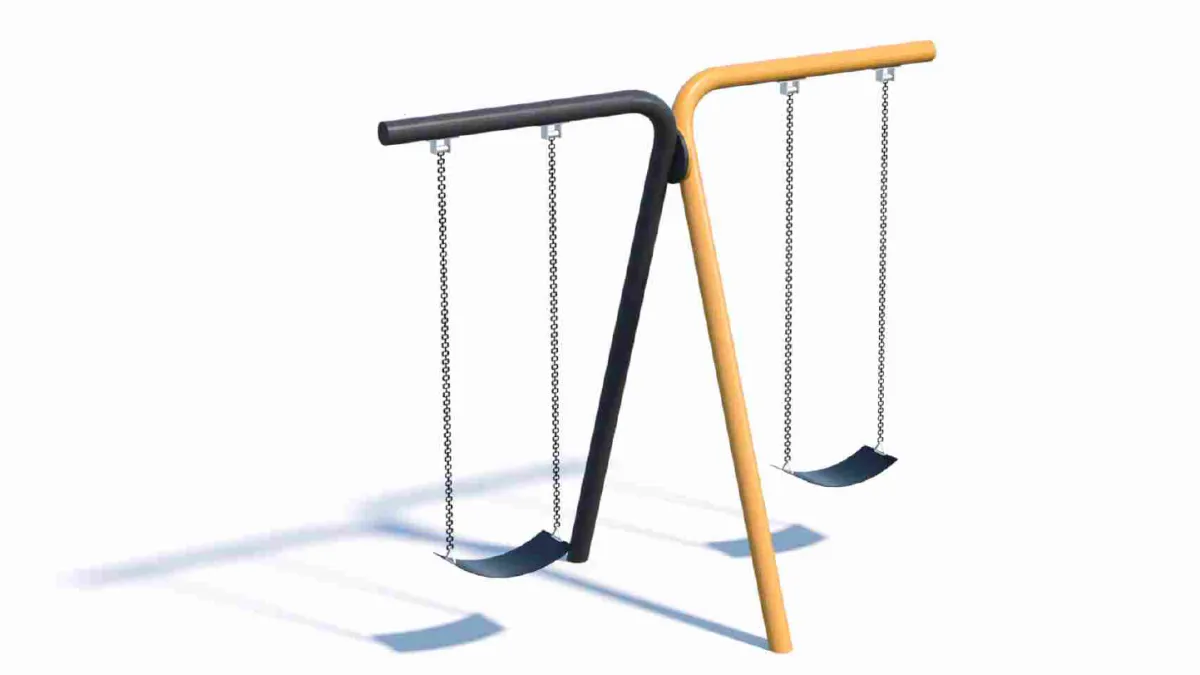 A yellow and black T shaped frame with a swing on each side.