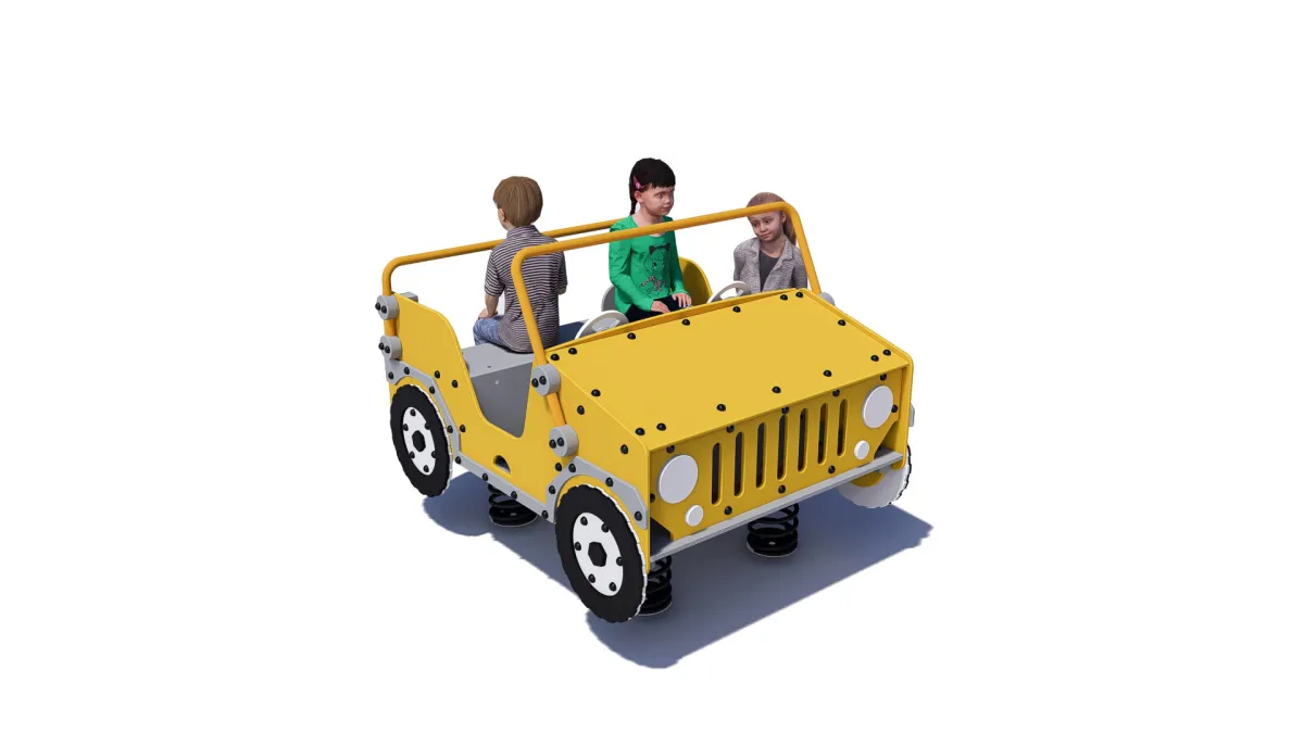 A yellow car shaped rocker with 2 steering wheels. 3 toddlers sit on the car.