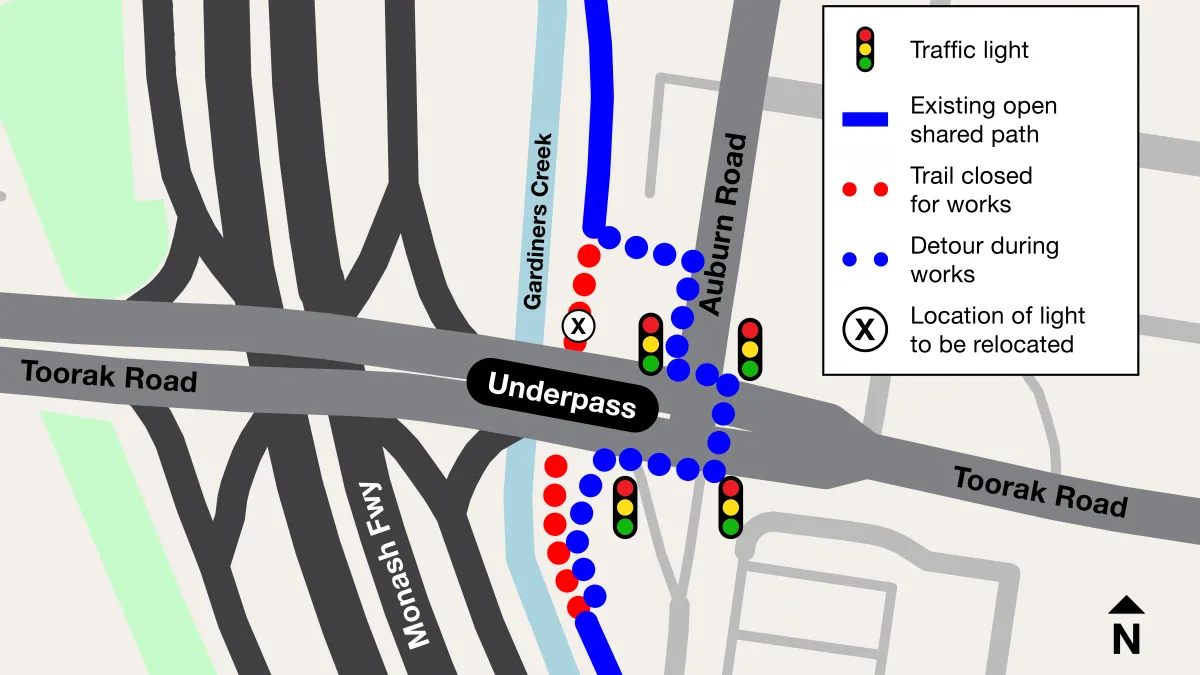 An illustrative map of the temporary closure of the toorak road underpass. The alternate route is shown in blue going over the Toorak road overpass via the traffic lights via Auburn road. 