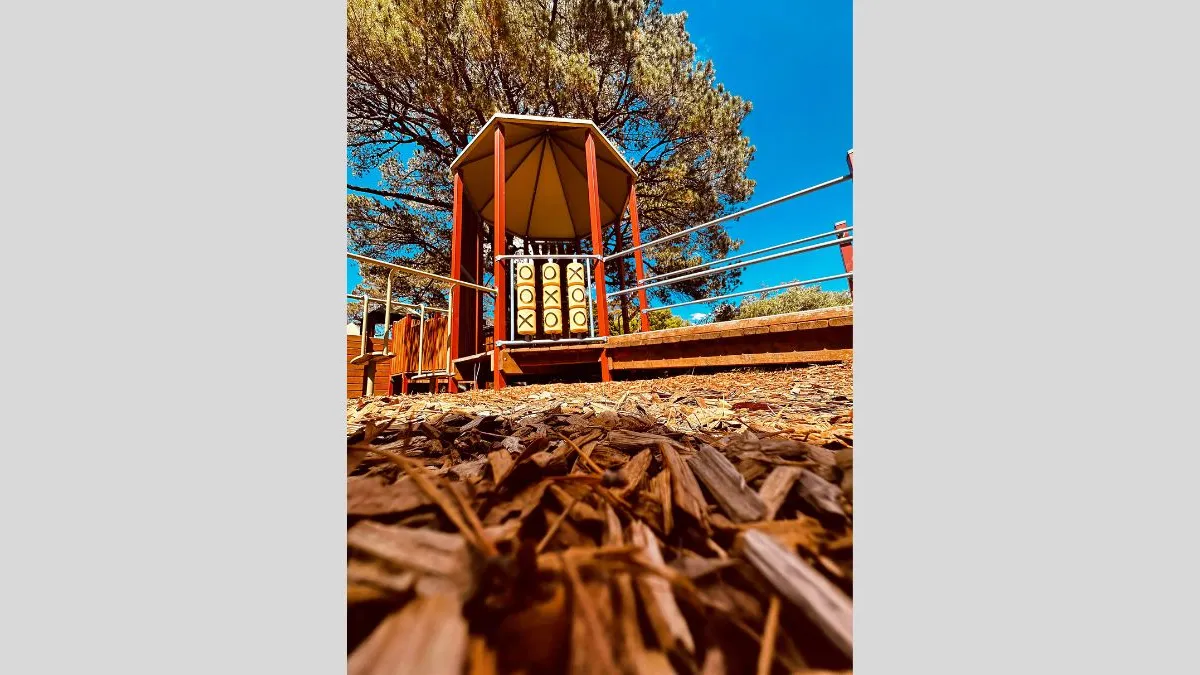 centre of the structure are nine plastic panels, each with either an ‘x’ or an 'o’. The photograph is taken from the ground, revealing the bark chips that surround the structure, with a large tree and a bright blue sky in the background.