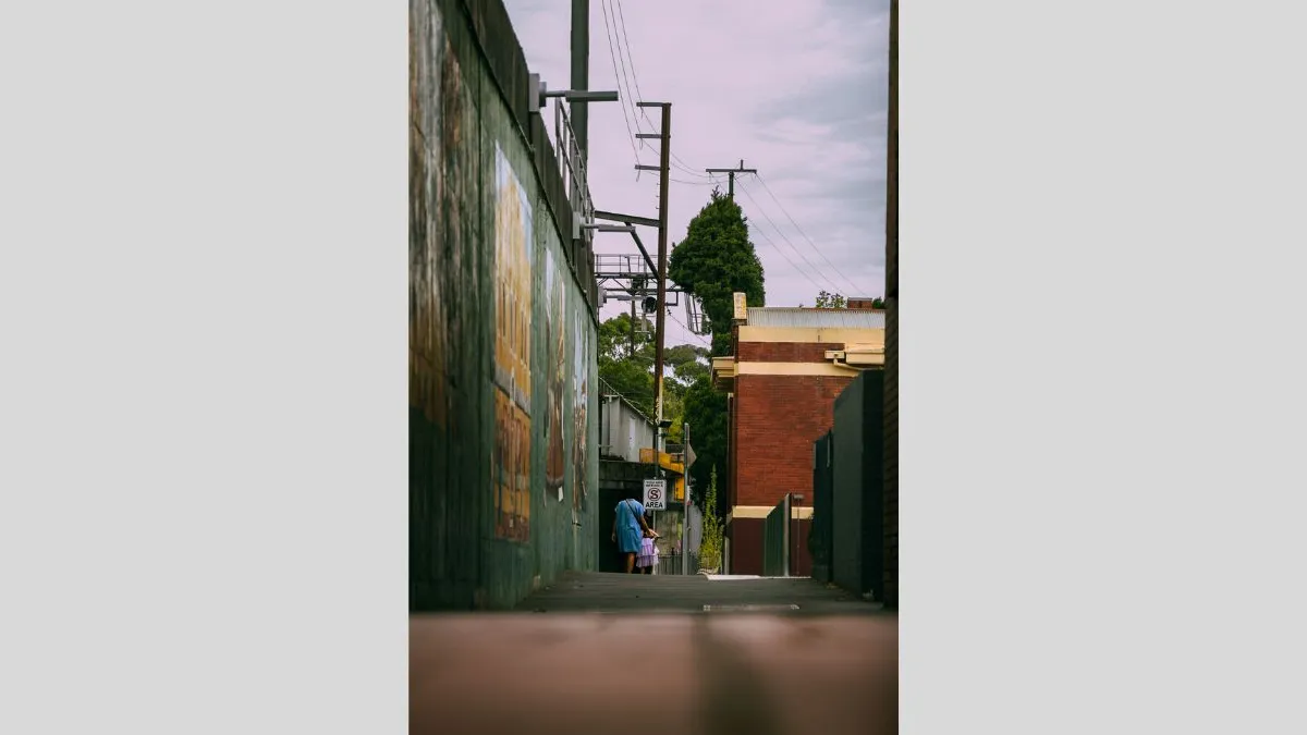 Photograph of a narrow laneway with a brick wall to the left, painted dark green and yellow and dark green wooden fences on the right. There is a red brick building and houses in the background, and trees and powerlines overhead. At the end of the laneway are the backs of an adult in a blue dress and a child in a purple dress walking close together.