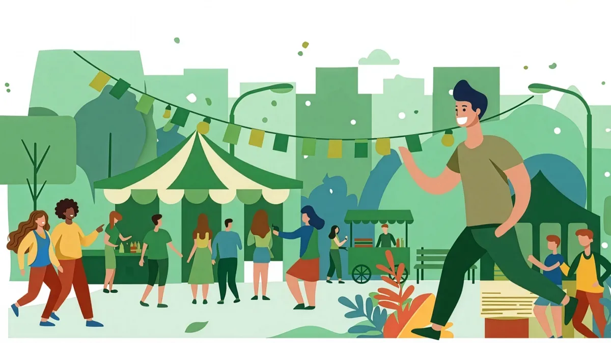 cartoon drawing of a person entering a festive outdoor scene with bunting