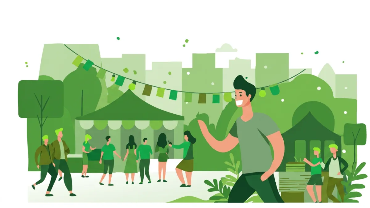 cartoon drawing of a person entering a festive outdoor scene with bunting