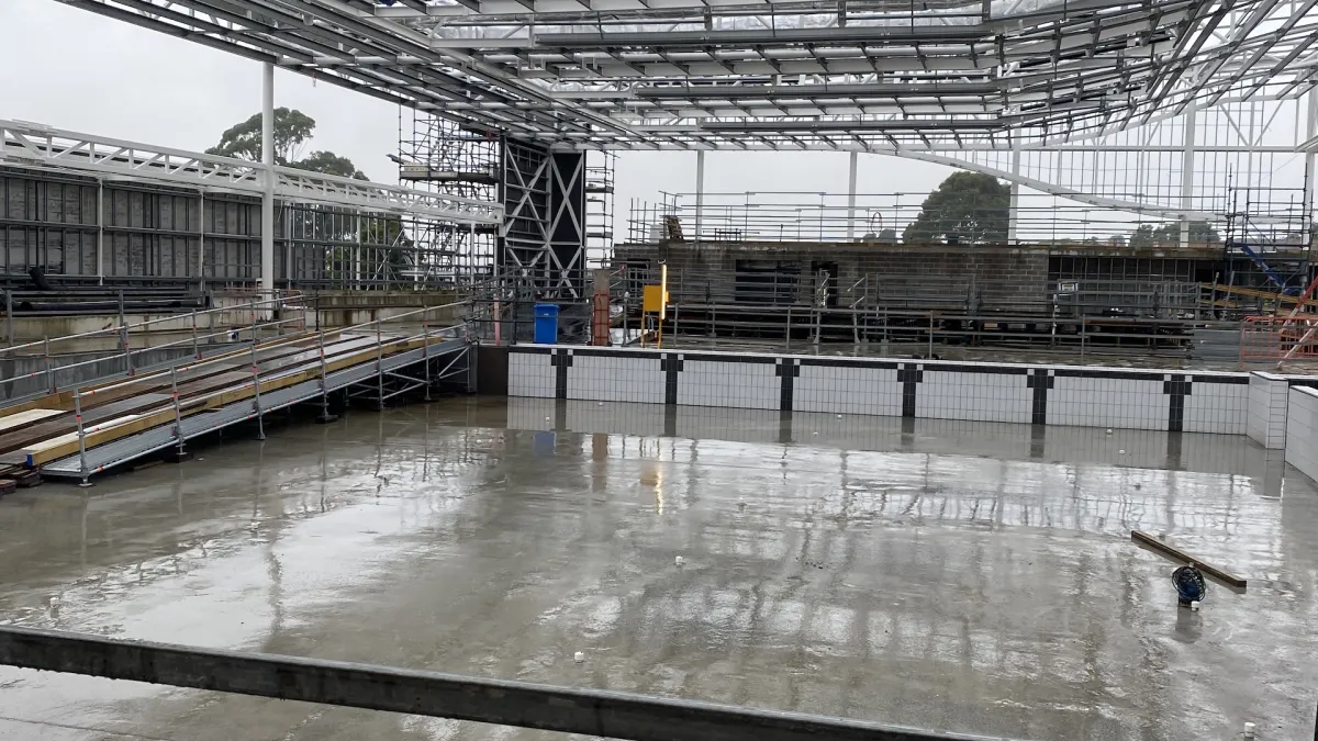Outside Kew Rec Centre showing construction of pool area
