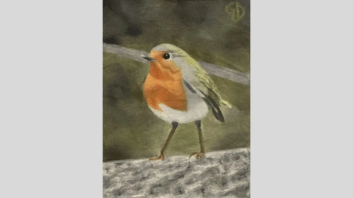 Painting of a small bird with an orange chest, pale underside, and grey-brown wings stands on a textured rock. Thin legs and a pointed beak are visible. The background is blurred green tones, suggesting vegetation behind the bird.
