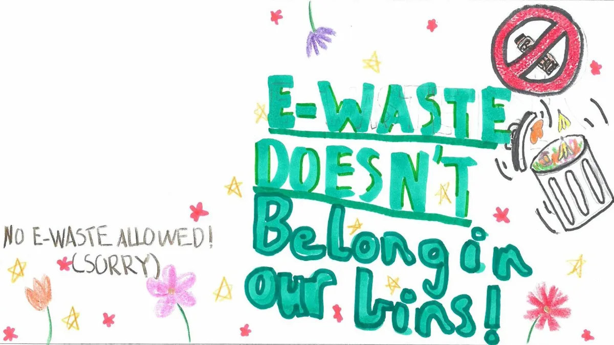 A children's drawing that says 'Ewaste doesn't belong in our bins!'