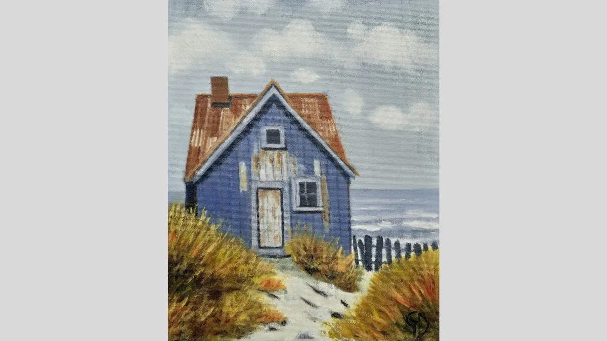 Painting of a small blue house with a steep rust-coloured roof, standing among tall, windblown grasses. A narrow sandy path leads to the front door. A low fence runs beside the building, and the ocean stretches behind under a sky with scattered clouds.