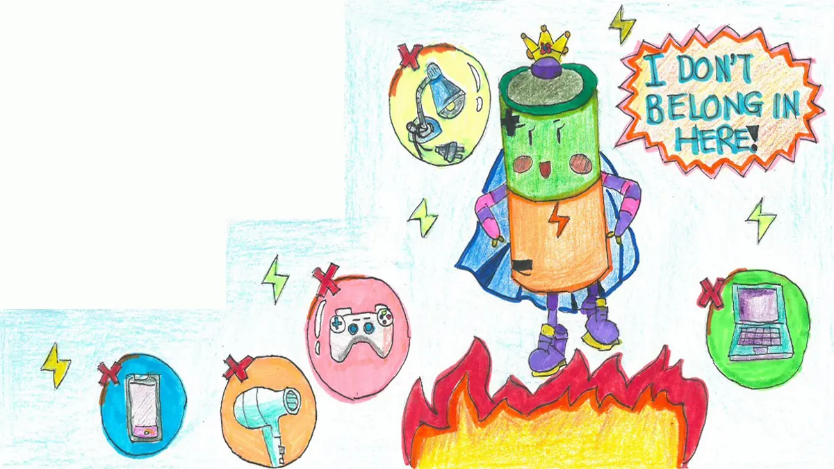 A children's drawing of a battery on fire that says 'i don't belong in here'