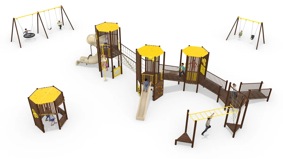 A sprawling playground with ramps to different levels, slides, swings and climbing structures.