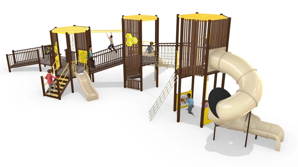 All 3 levels of the main play structure. Ramps lead from the ground to the first level, then to the second. a rope bridge leads from the second to the top.