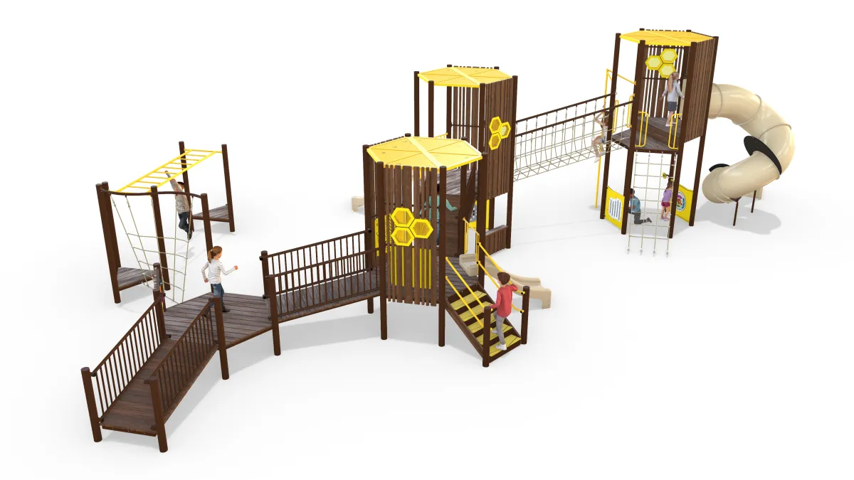 from the ground, a ramp leads up to the lower level of the main structure. other access points include stairs and ropes. There is a beehive design on the side of the structure..