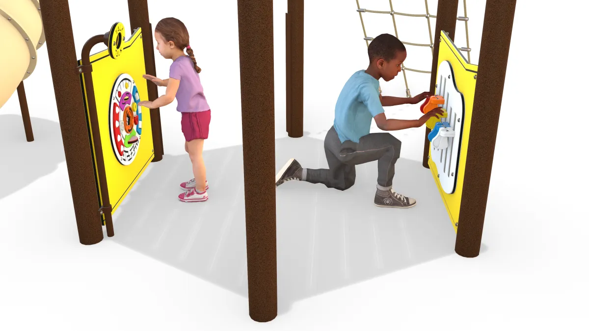 two children playing with interactive panels where pieces slide and turn.