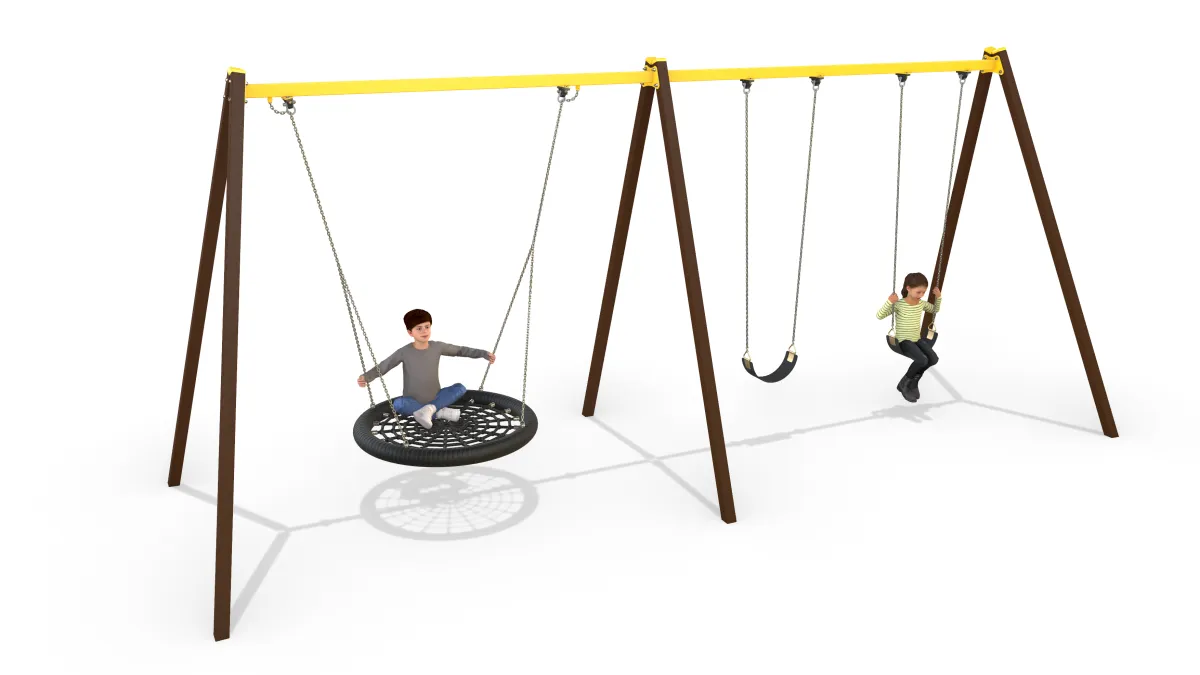 A swing set featuring 2 sling swings, and a round basket swing.