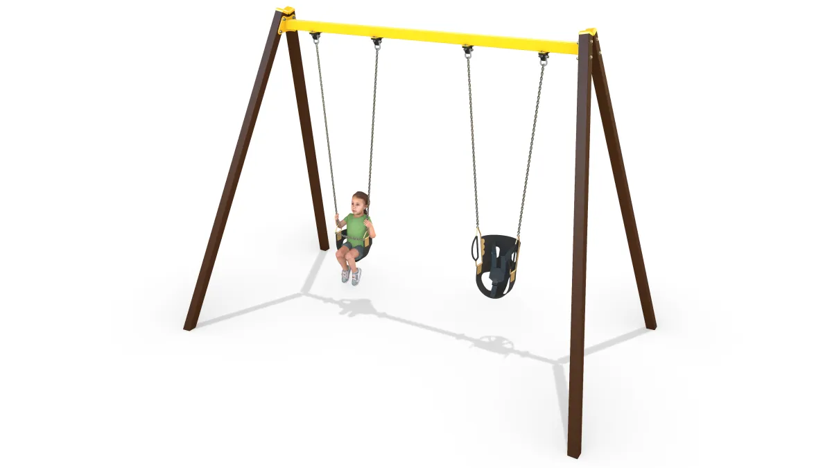 A swing set with a toddler seat an an inclusive seat.