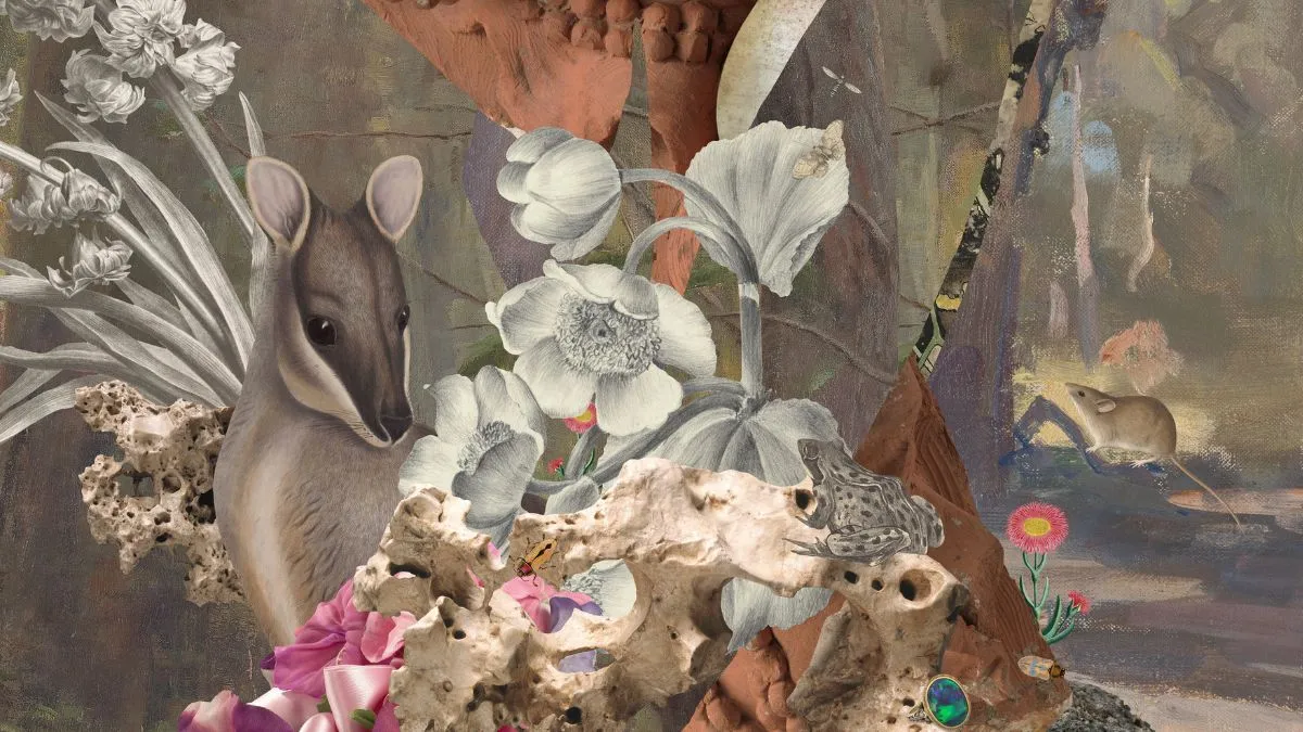 A layered collage featuring a native marsupial on the left, surrounded by pink and greyscale flowers, stone and clay forms on top of a painted background with earthy tones. A small mouse is on the right. 