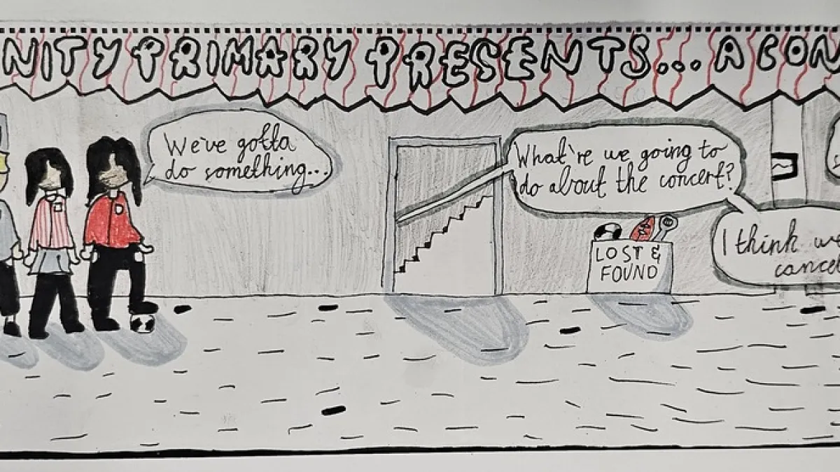 A comic illustration of 3 students in a school talking about a concert