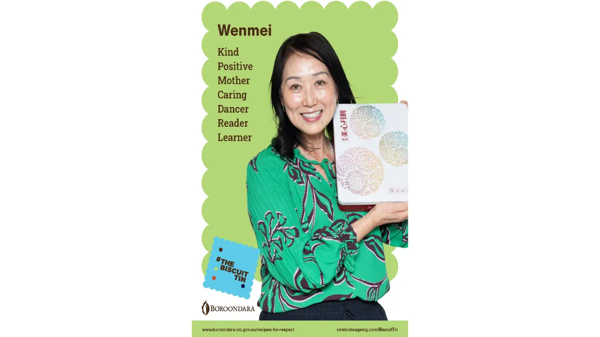 Wenmei is wearing a green blouse with black outlines of flowers. Her biscuit tin it square and flat, and has circular designs that looks like fireworks. She is kind, positive, mother,caring,dancer, reader, learner.