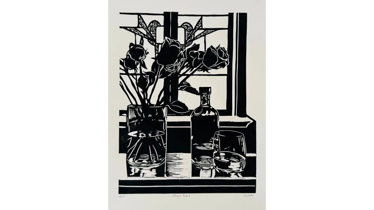 A black-and-white print depicting a still life on a windowsill with a vase of roses on the left, a bottle at the centre, and two drinking glasses on the right. The window frame and decorative panes visible behind the objects.