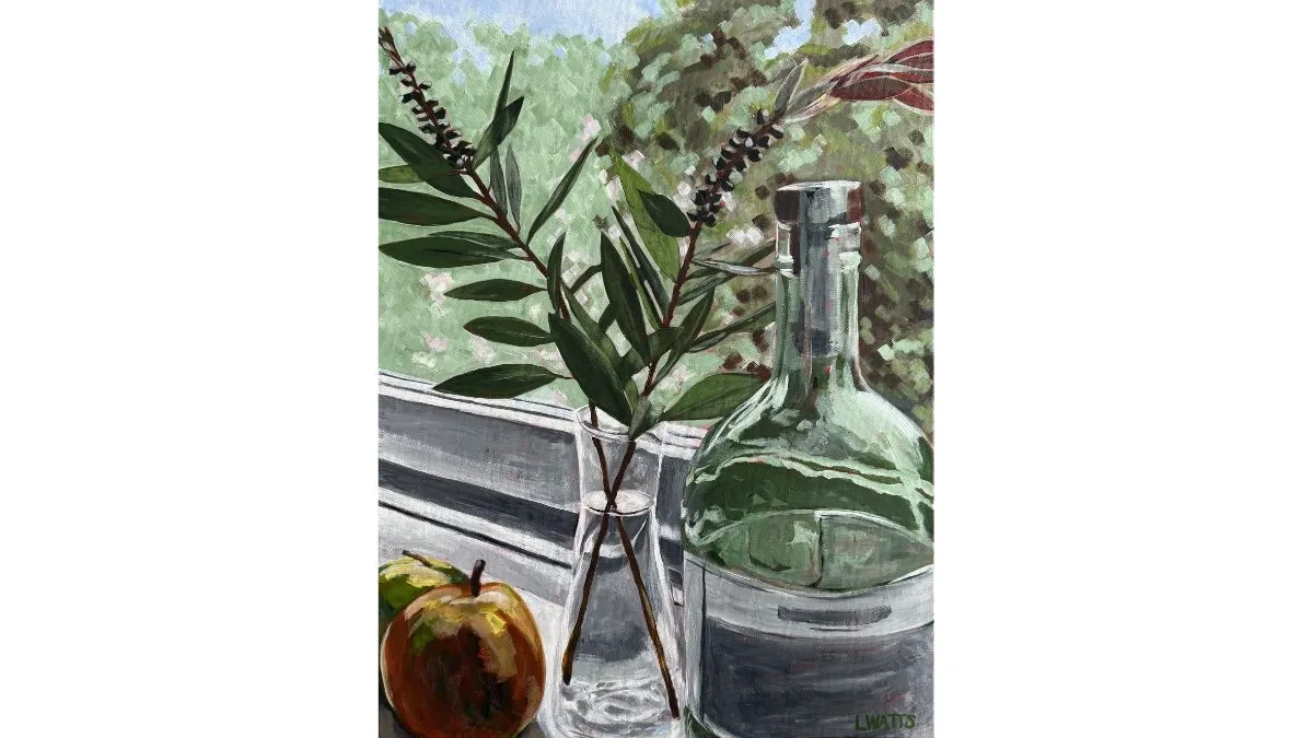 Painting of a windowsill arrangement with a clear vase holding leafy branches topped with dark flower spikes, beside a large green glass bottle. Two apples rest nearby. Through the window behind, soft green foliage fills the background, with light reflecting across the glass surfaces.
