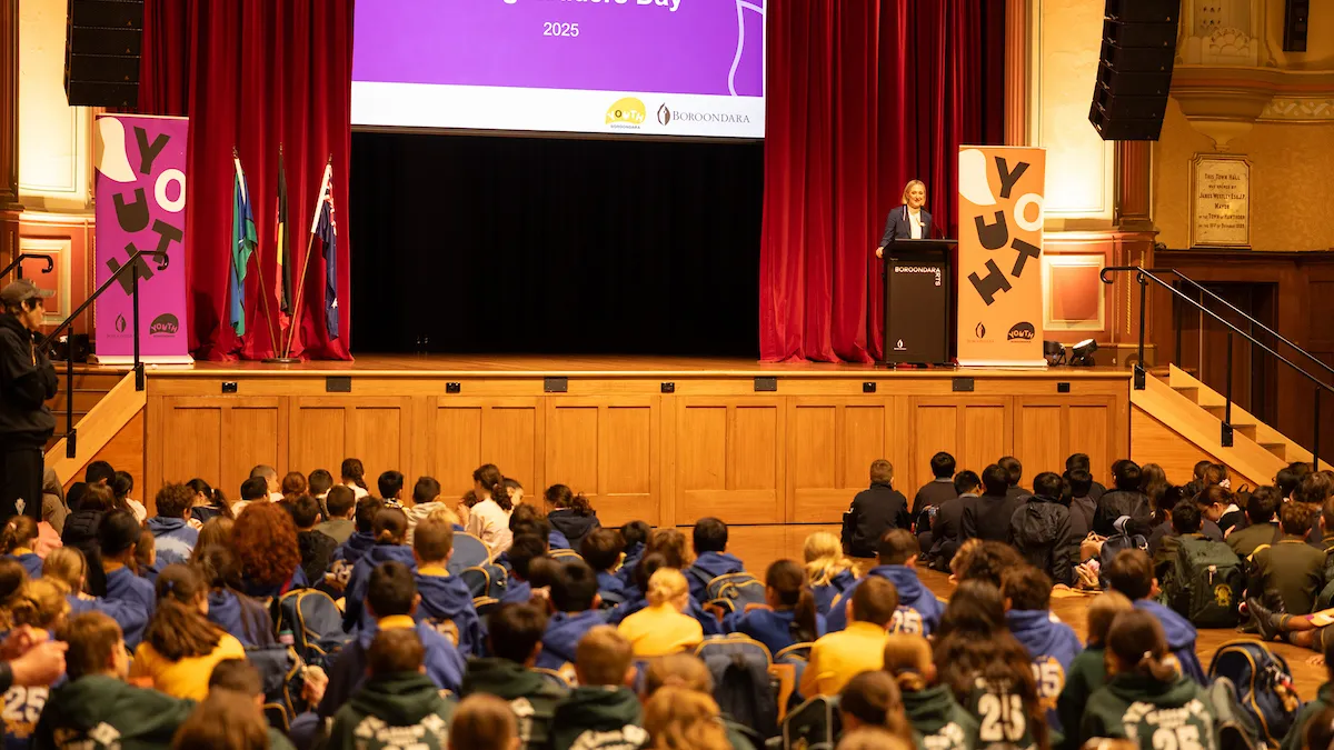The Main Hall at Hawthorn Arts Centre packed with school children attending Young Leaders Day.
