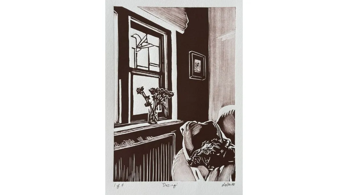 A brown and white print of a a domestic interior featuring a window, a small vase of flowers on the sill, and a cushioned armchair in the foreground. A curled dog rests on the chair. Beneath the window is a radiator, and a small framed picture hangs on the wall beside it.