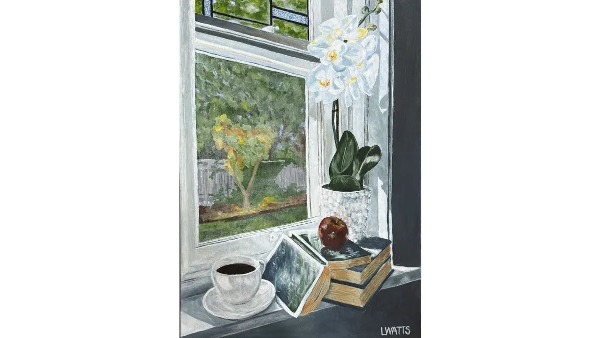 Painting of a windowsill holding a white cup and saucer, an open book leaning against a stack of books, and a red apple. A white orchid in a textured pot stands beside the books. Through the window, a garden with trees, grass, and a fence is visible.