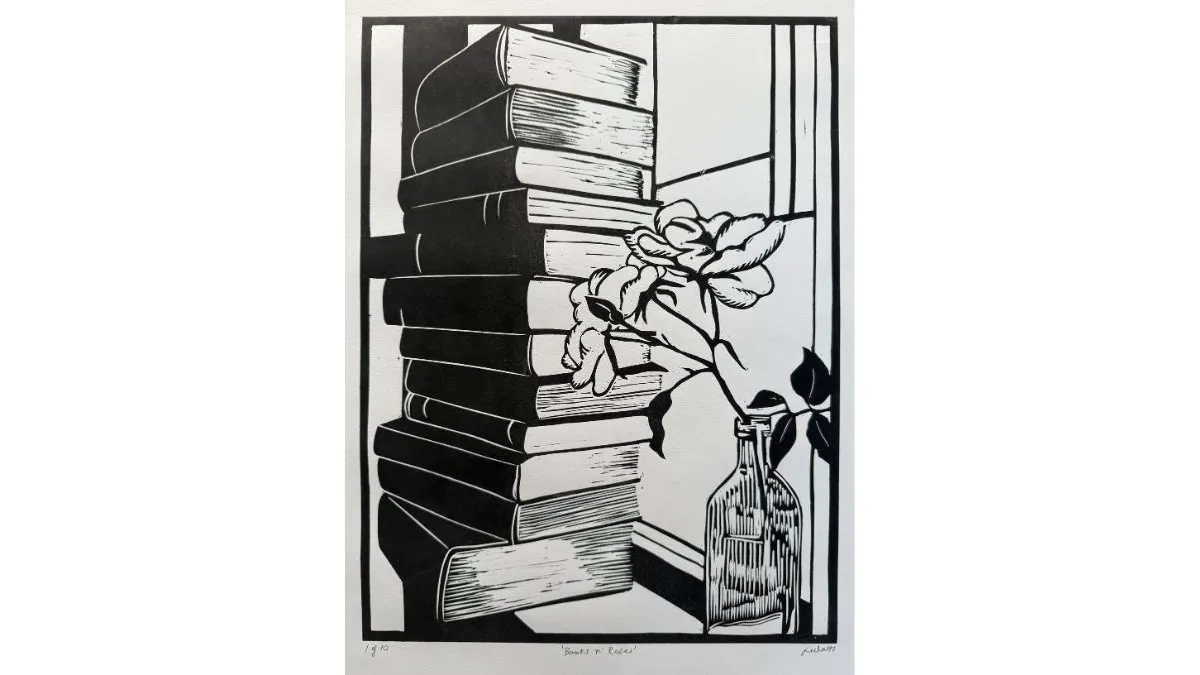 Black and white print of a tall stack of books positioned beside a window. In front of the books, a ribbed glass bottle holds several rose stems with open blossoms and leaves. Behind the objects is a window frame with decorative panes forming geometric shapes in the background.