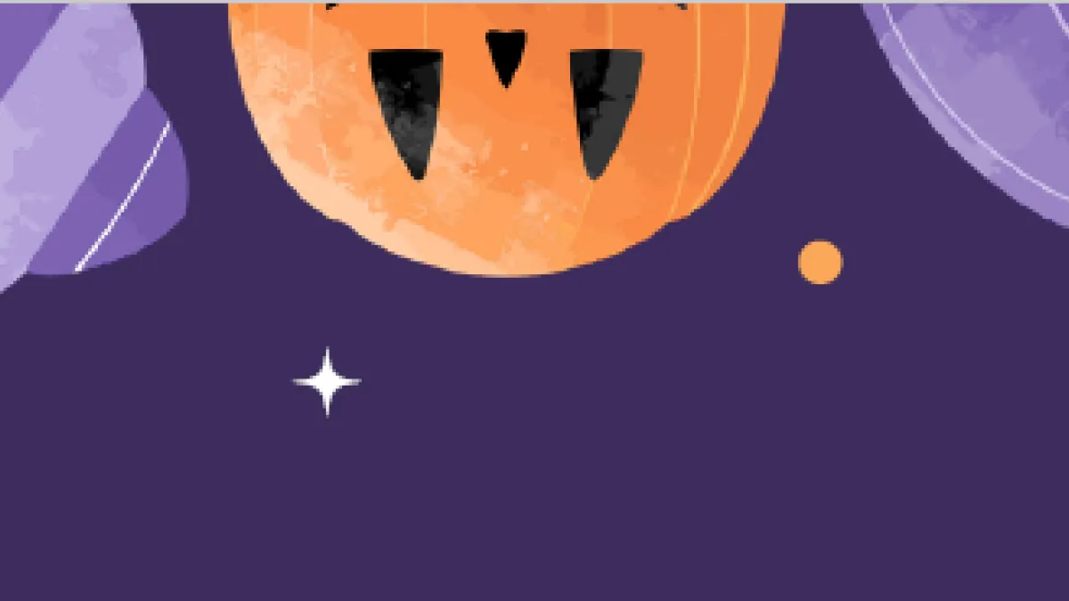 A pumpkin, bat and candies on a purple background.