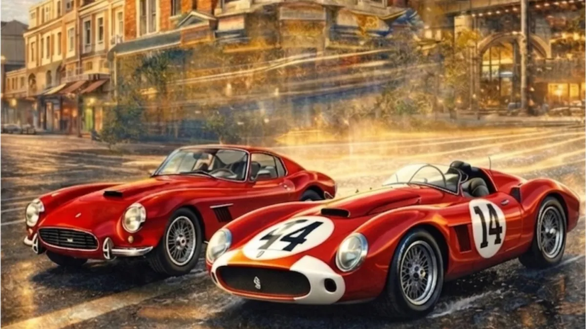 vintage racing cars on a European street