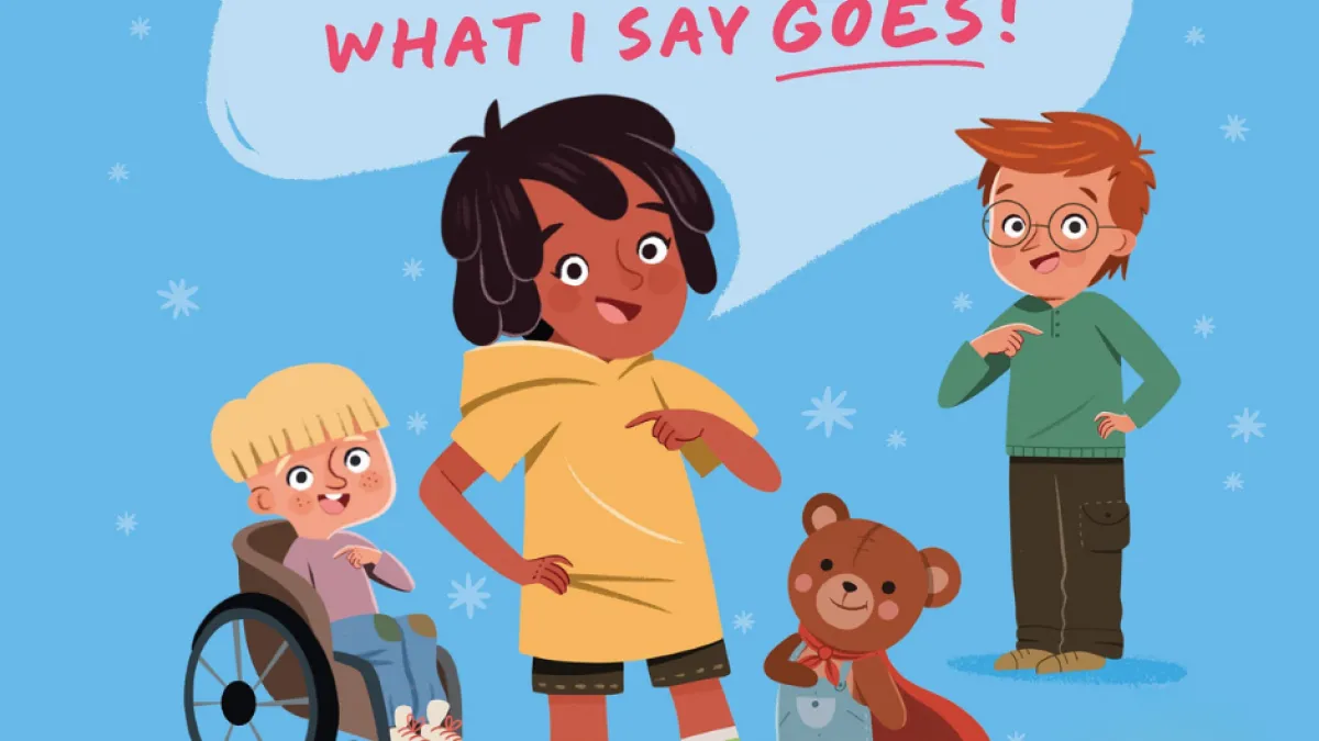 Cartoon child with a yellow short sleeve hoodie and boots points to themselves. In the background are two other children and a teddy bear, also pointing to themselves.