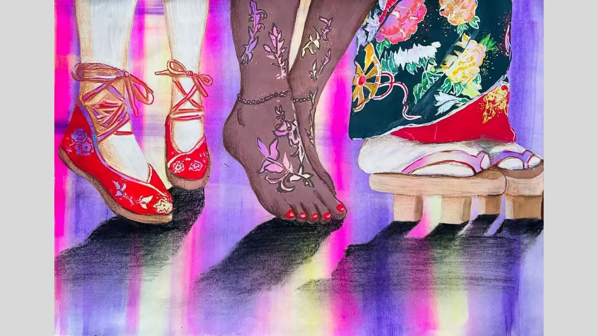 Artwork of 3 sets of feet featuring shoes from different cultures