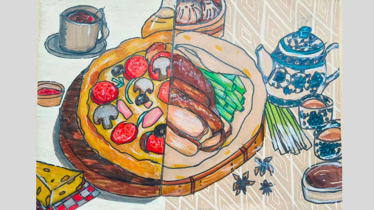 Artwork of a plate, one side is pizza and one side of cut meat and leafy greens, dumplings, and a teapot