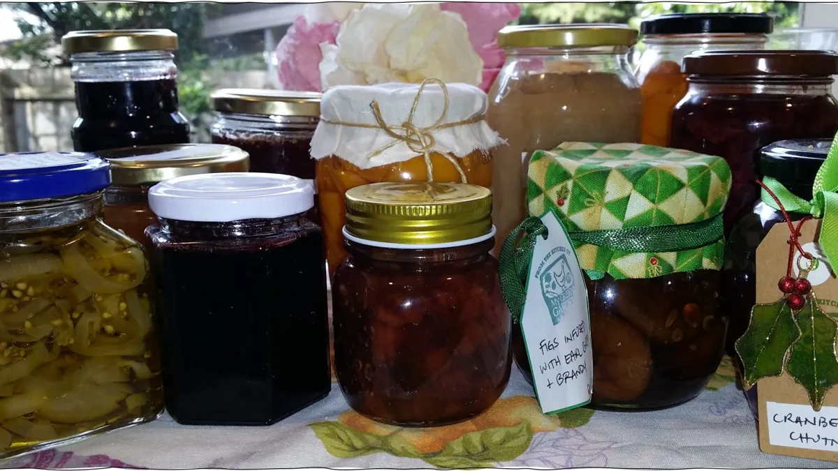 Different sized and shaped jars full of preserved goods.