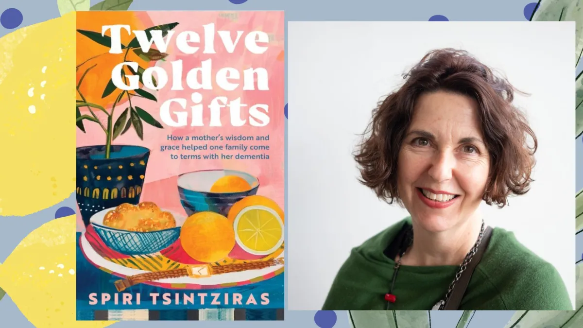 A brightly coloured book cover sits beside an image of a woman with short hair smiling.