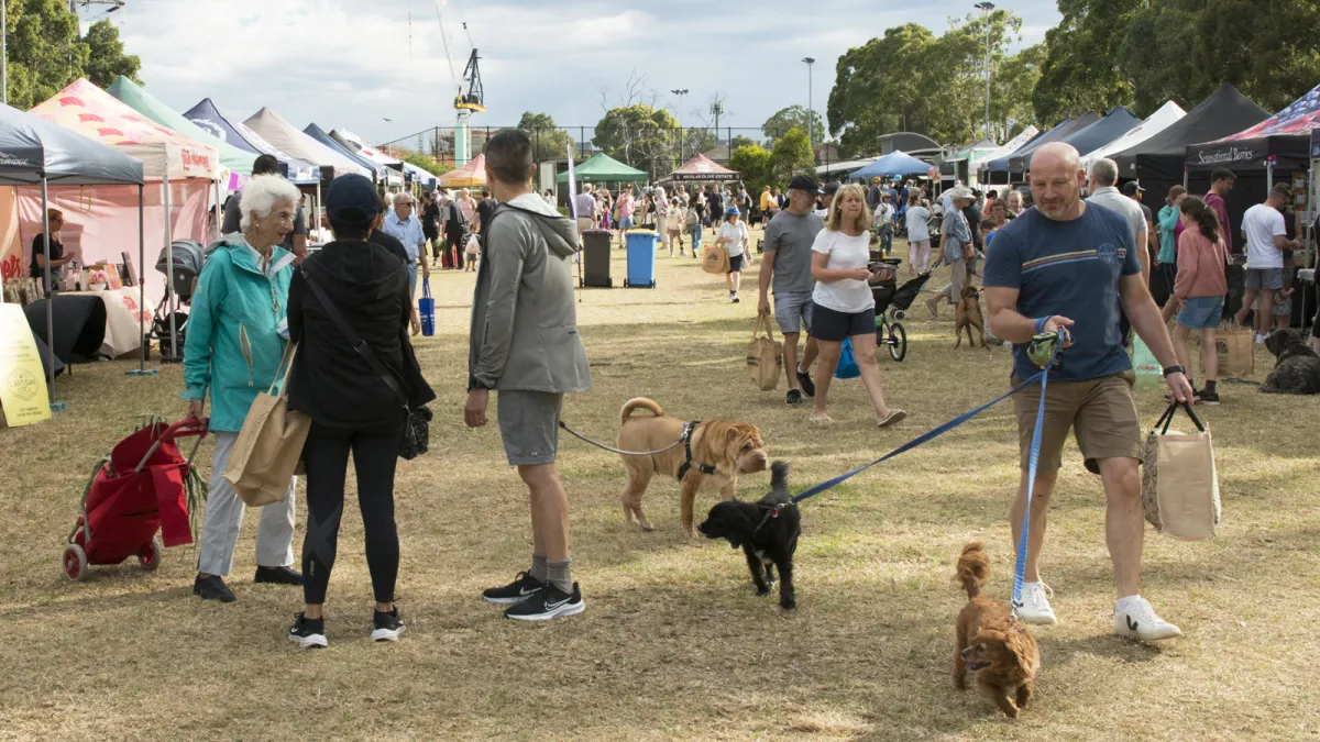 A busy market day with lots of people and their dogs.
