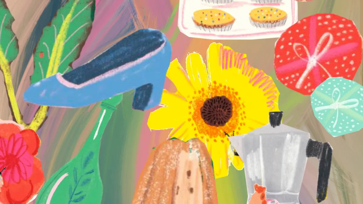 A brightly coloured painted image showing a variety of baked cakes, flowers, a shoe and a camera