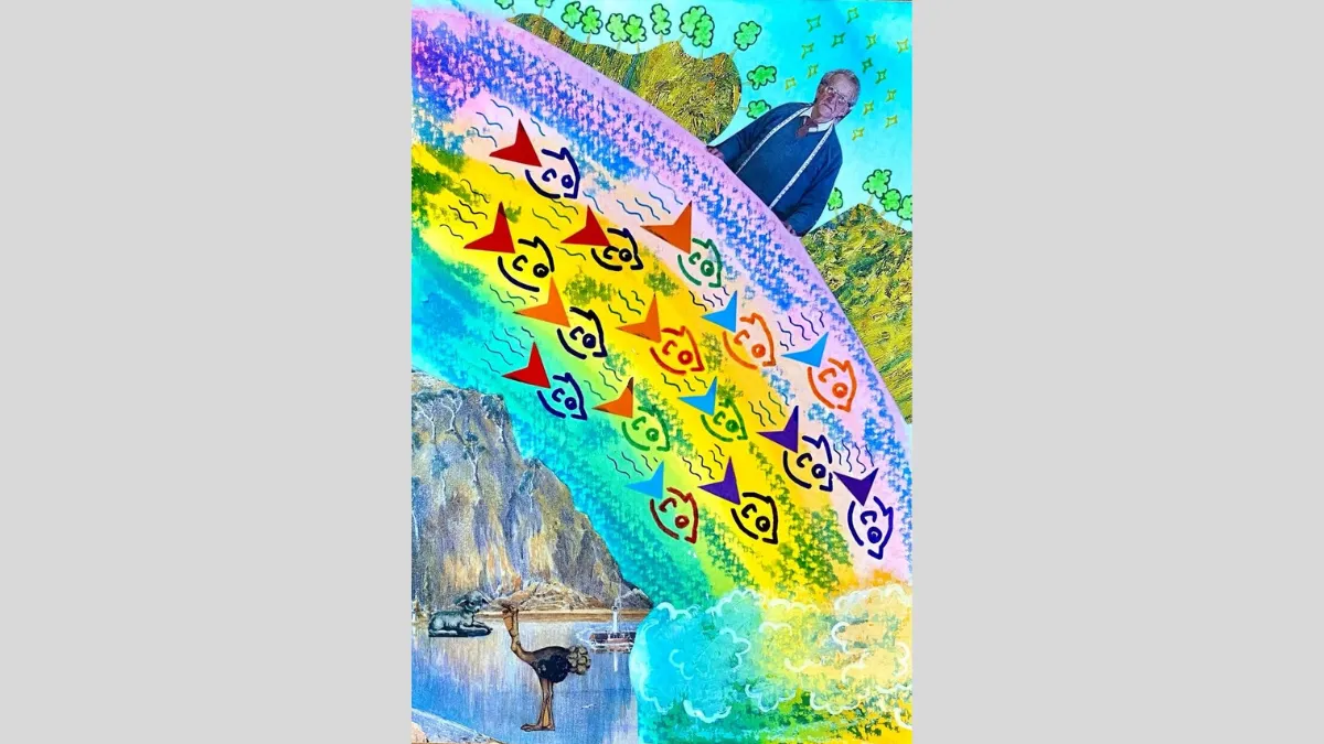 Collage featuring fish running down a rainbow stream