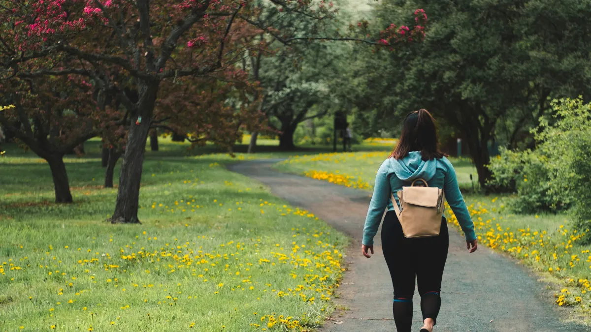 A person is walking on a path through a parkland with grass and trees.  