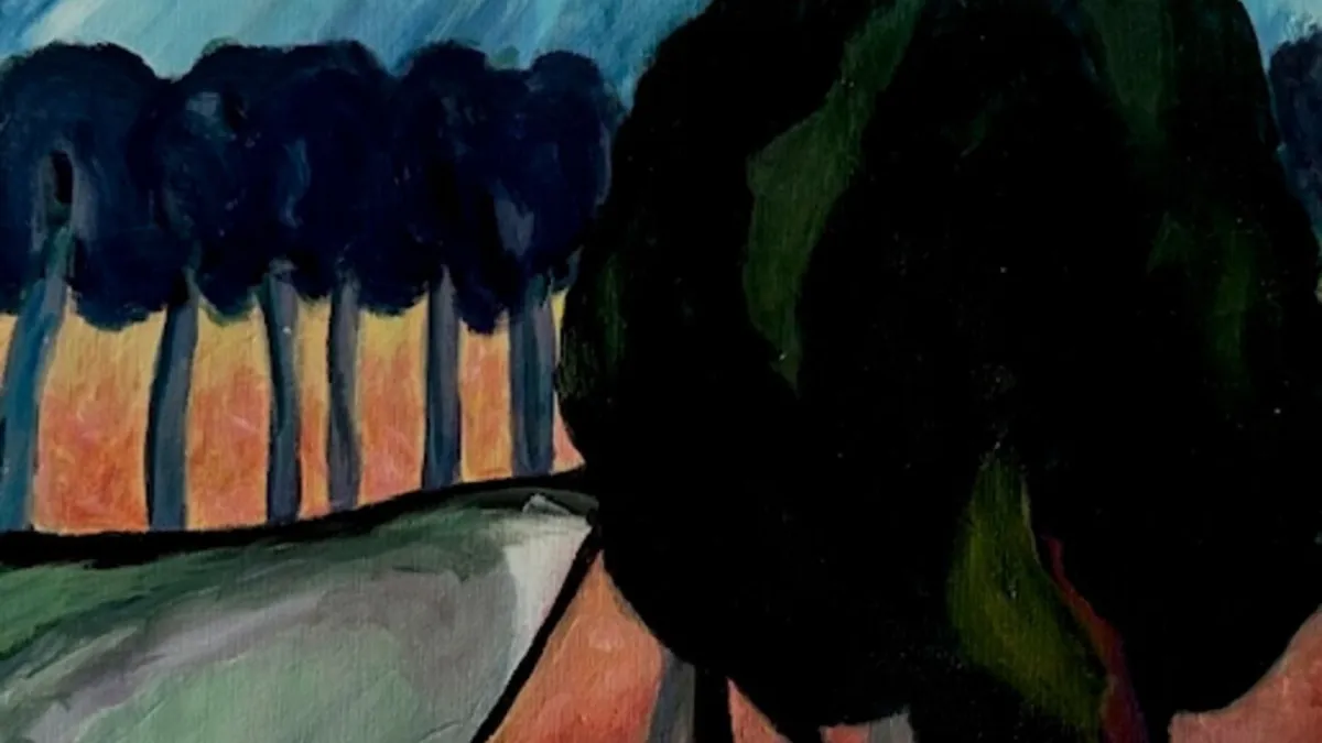 A stylised landscape painting showing a row of dark blue trees along a path on the left and a cluster of large, dark green trees in the foreground on the right. The ground is painted in warm reddish tones, and the sky is streaked with blue and white brushstrokes.