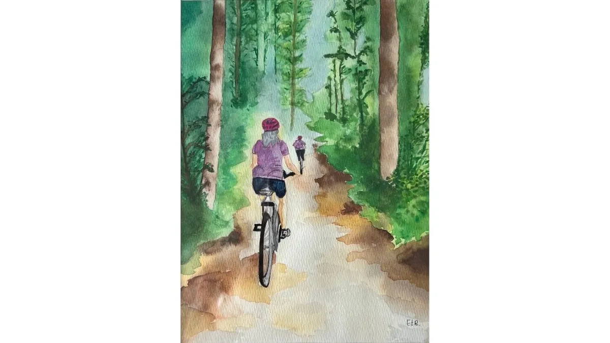 Watercolour painting of a cyclist riding along a forest path beneath tall trees. A second, smaller cyclist appears further along the winding track, surrounded by dense green foliage.