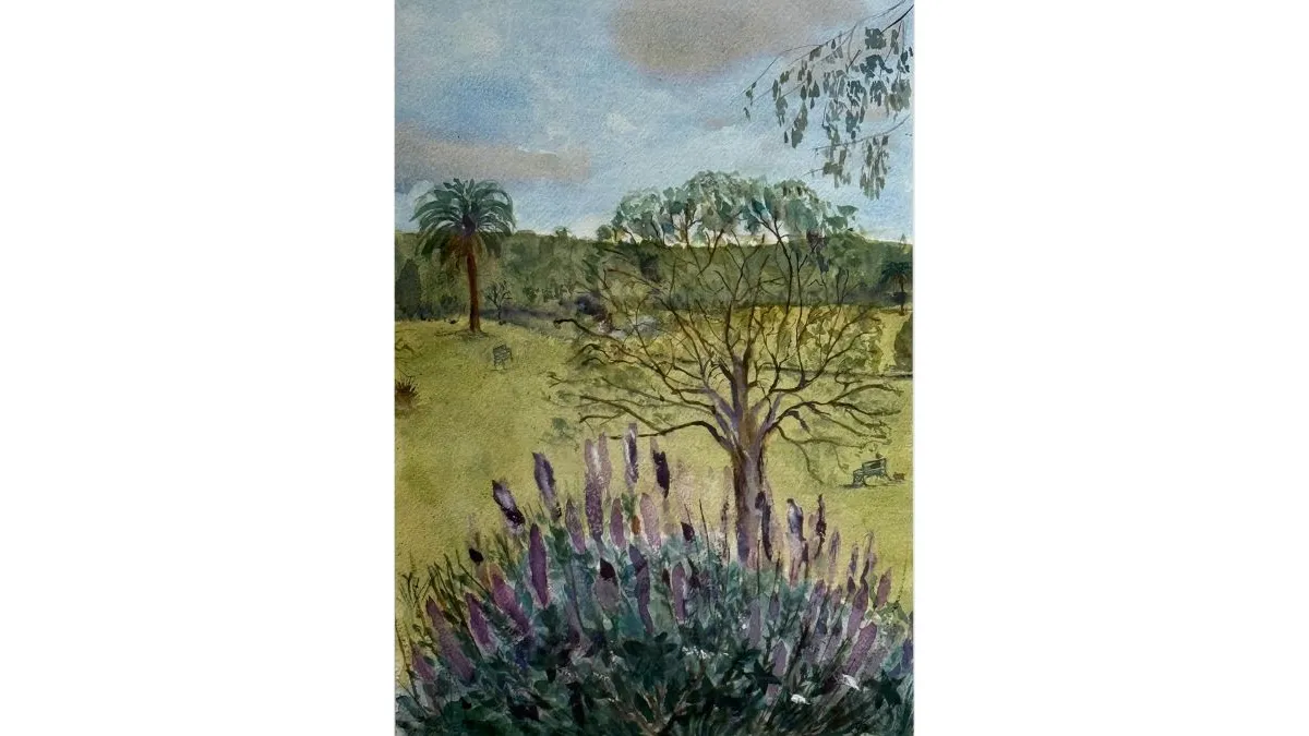 Painting of a park landscape with flowering shrubs in the foreground. Purple flower spikes fill the lower section, while scattered trees, open grassland and a tall palm-like tree extend into the distance.