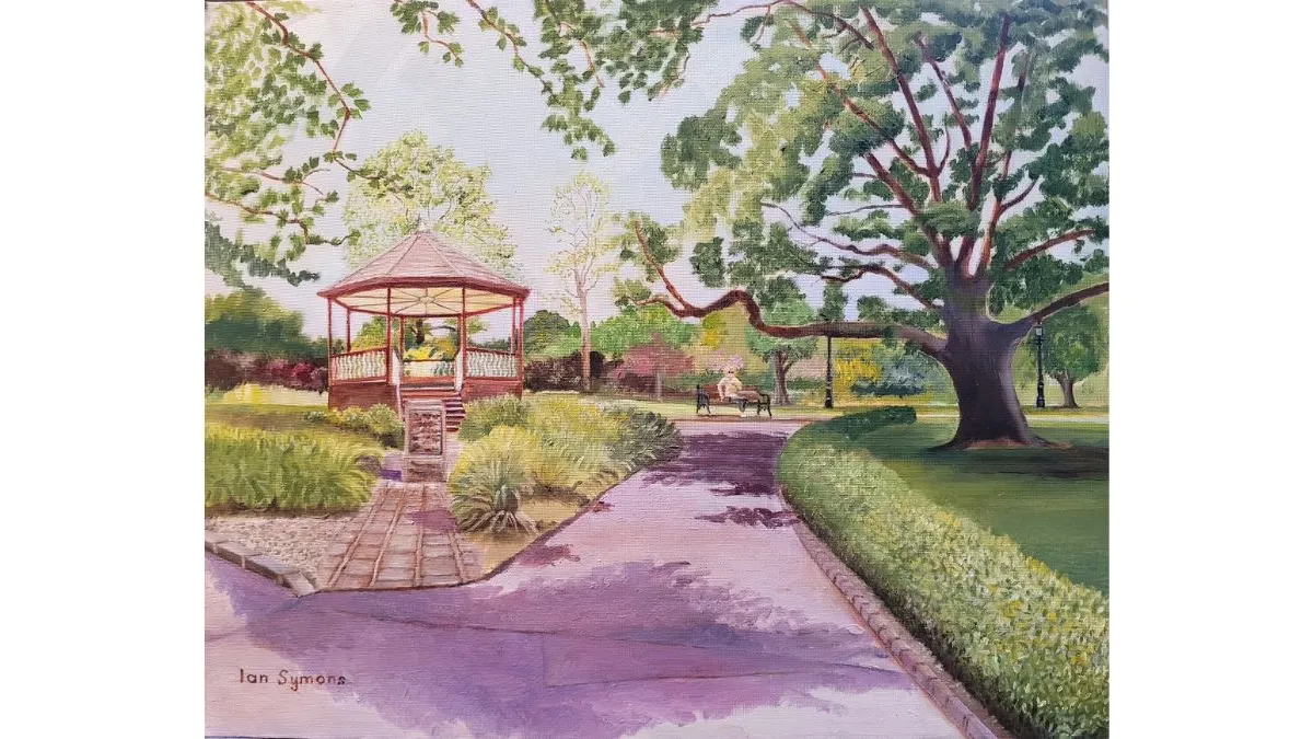 Painting of a park landscape with flowering shrubs in the foreground. Purple flower spikes fill the lower section, while scattered trees, open grassland and a tall palm-like tree extend into the distance.