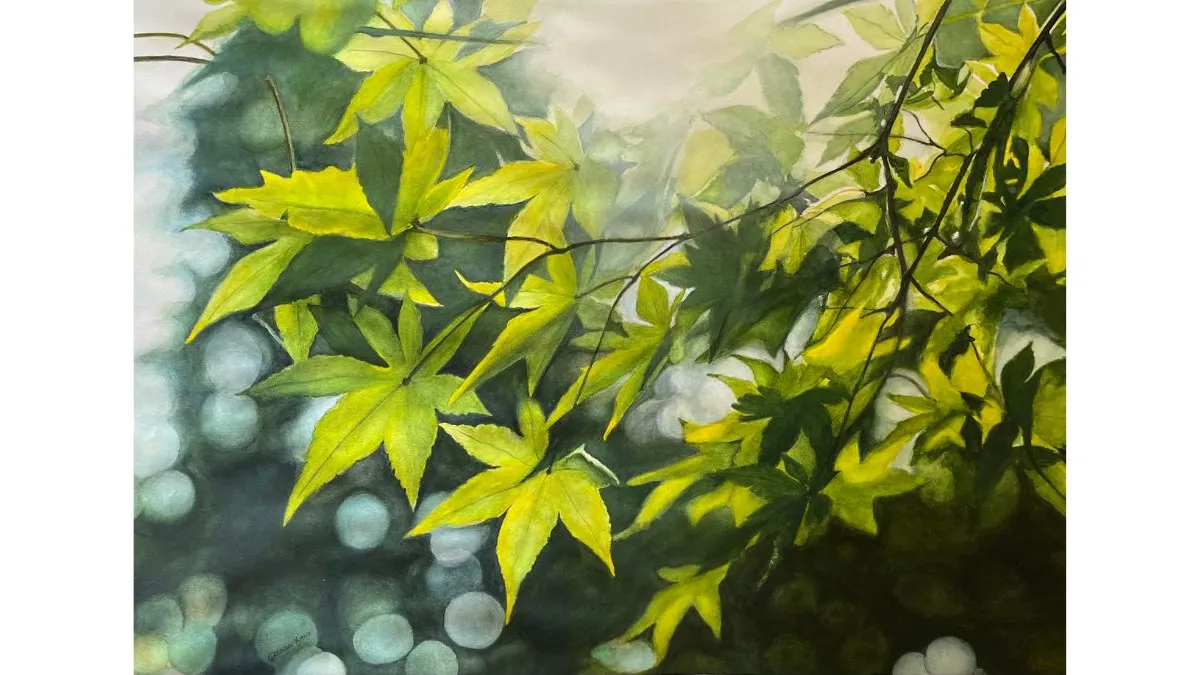 Painting of bright yellow-green, star-shaped leaves overlapping across thin dark branches. The background is softly blurred with green tones and pale circular highlights, creating a sense of depth.