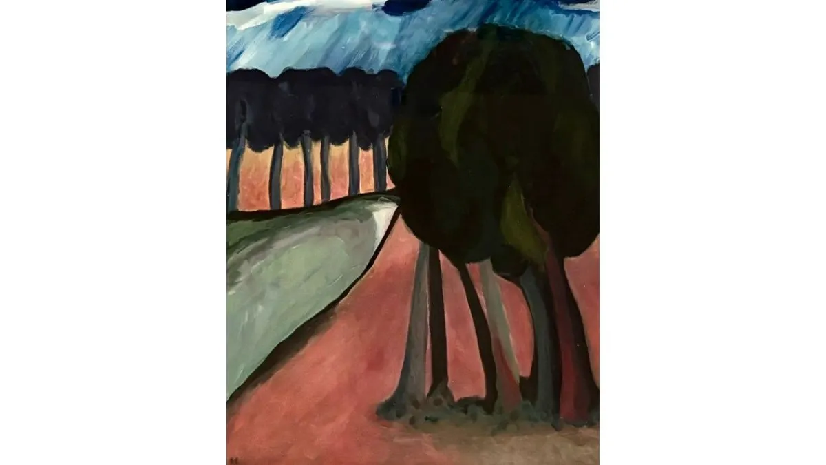 Painting of a winding path bordered by rows of dark trees. Broad brushstrokes in black, green, pink and blue create strong contrasts between the trees, ground and sky.