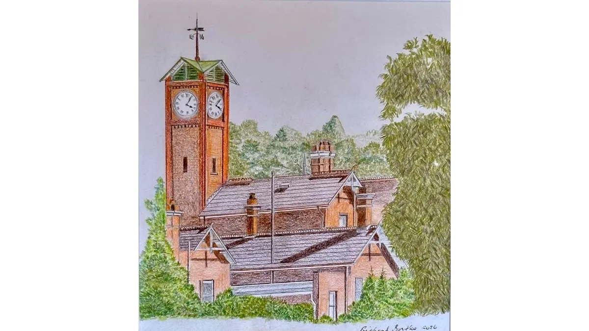 Drawing of a brick clock tower rising above a cluster of heritage-style buildings. Grey roofs, chimneys and green trees surround the structure, with pale sky filling the background.
