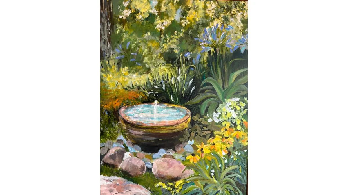Painting of a garden with a round birdbath surrounded by flowering plants. Blue, yellow and white blossoms grow among green leaves, with rocks arranged around the water feature.